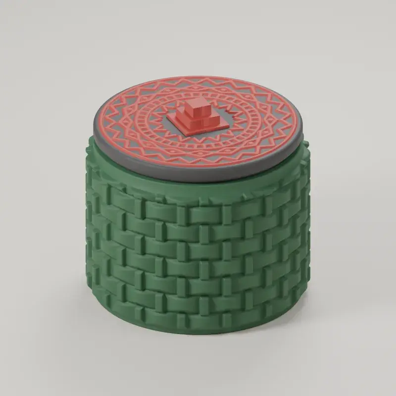 Render of the woven kente box with its lid on