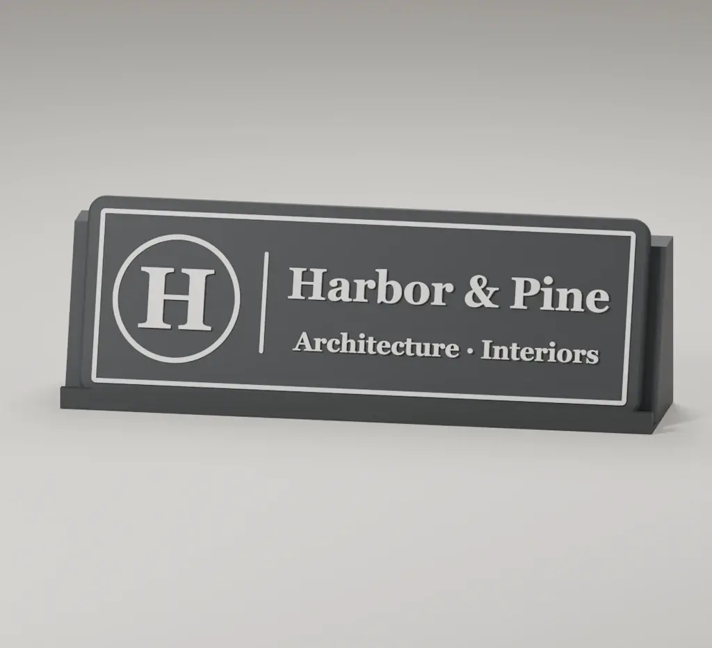 Render of the logo desk sign