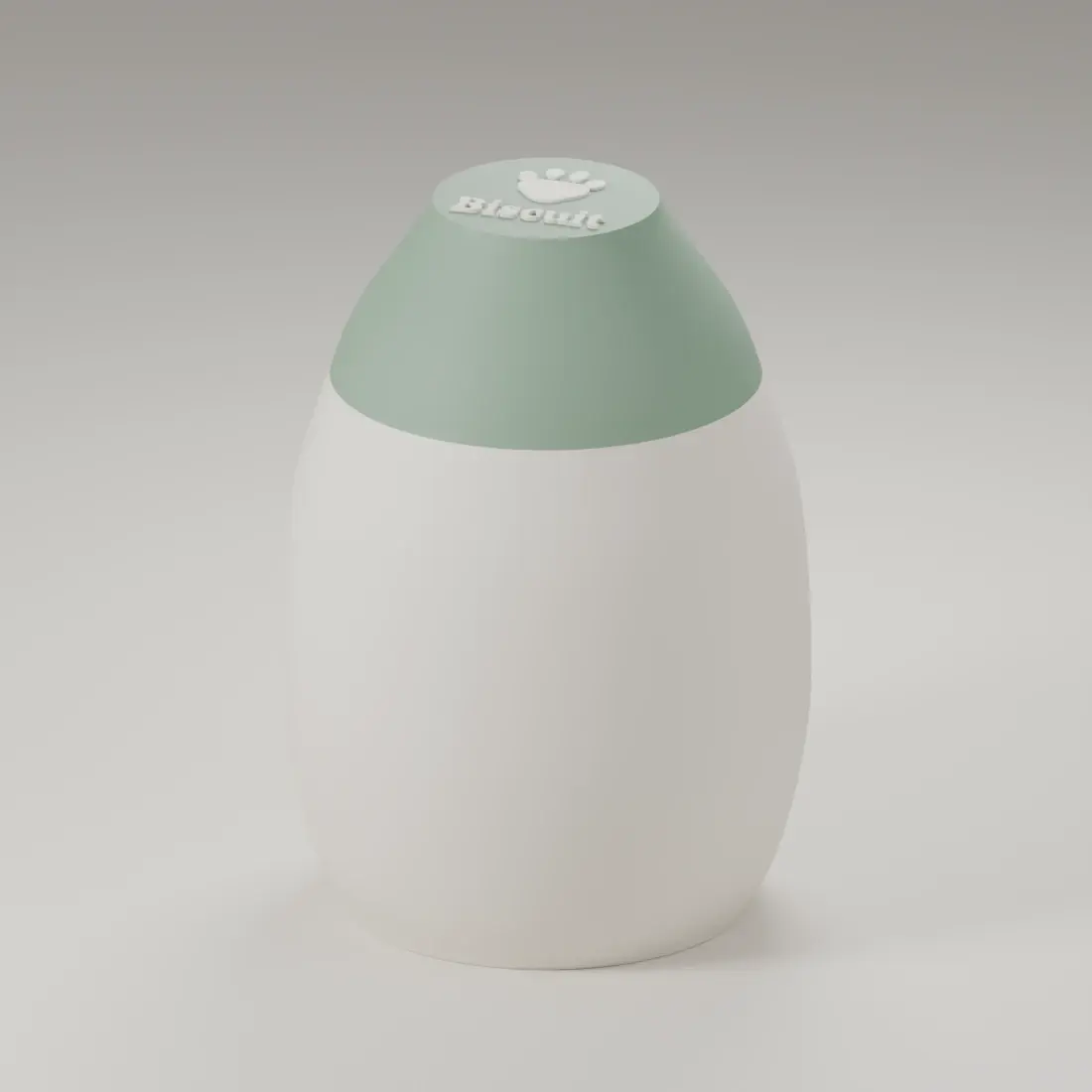 Studio render of the paw print urn: a cream pebble-shaped urn with a sage domed lid, raised with a cream paw print and the name Biscuit.