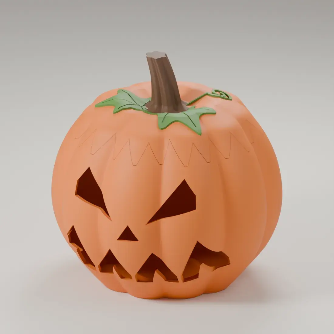 Studio render of the orange Twilight Pumpkin lantern: ten deep lobes, angry slanted eyes and a grin of fangs cut through, and a zigzag-cut lid with a brown stem, two green leaves and a curling tendril.