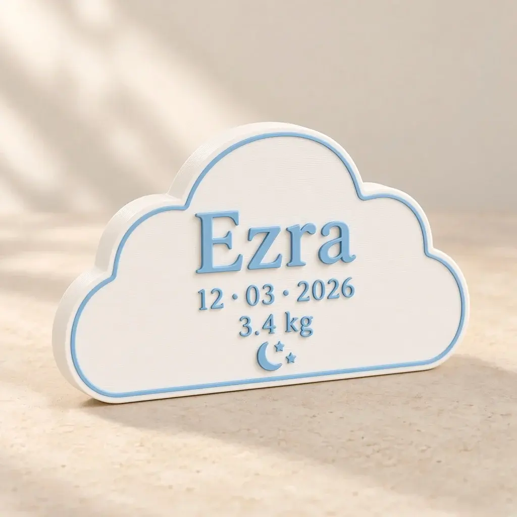 White cloud plaque with the name Ezra, a date, a weight and a small moon in baby blue.