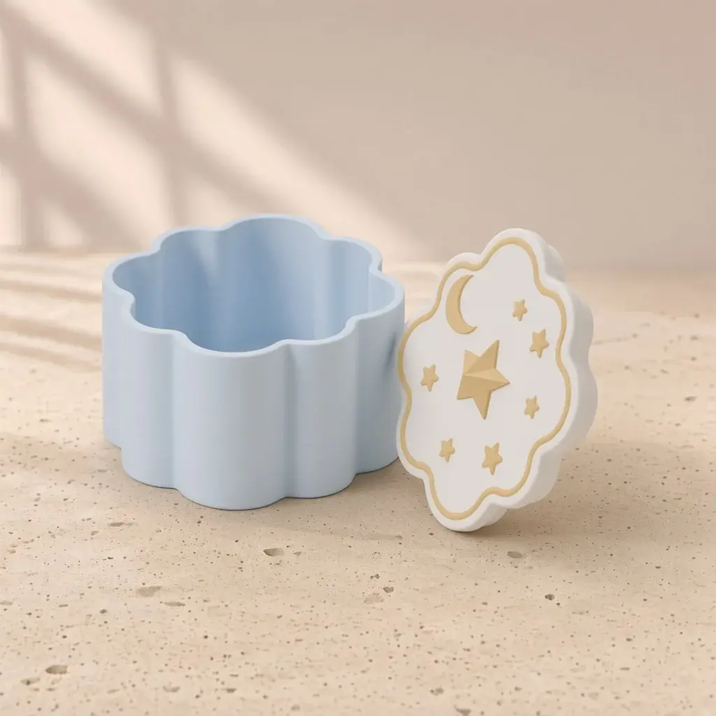 Design image of the cloud and stars box: a baby-blue cloud box beside its white lid with a gold crescent moon, stars and a faceted star knob.