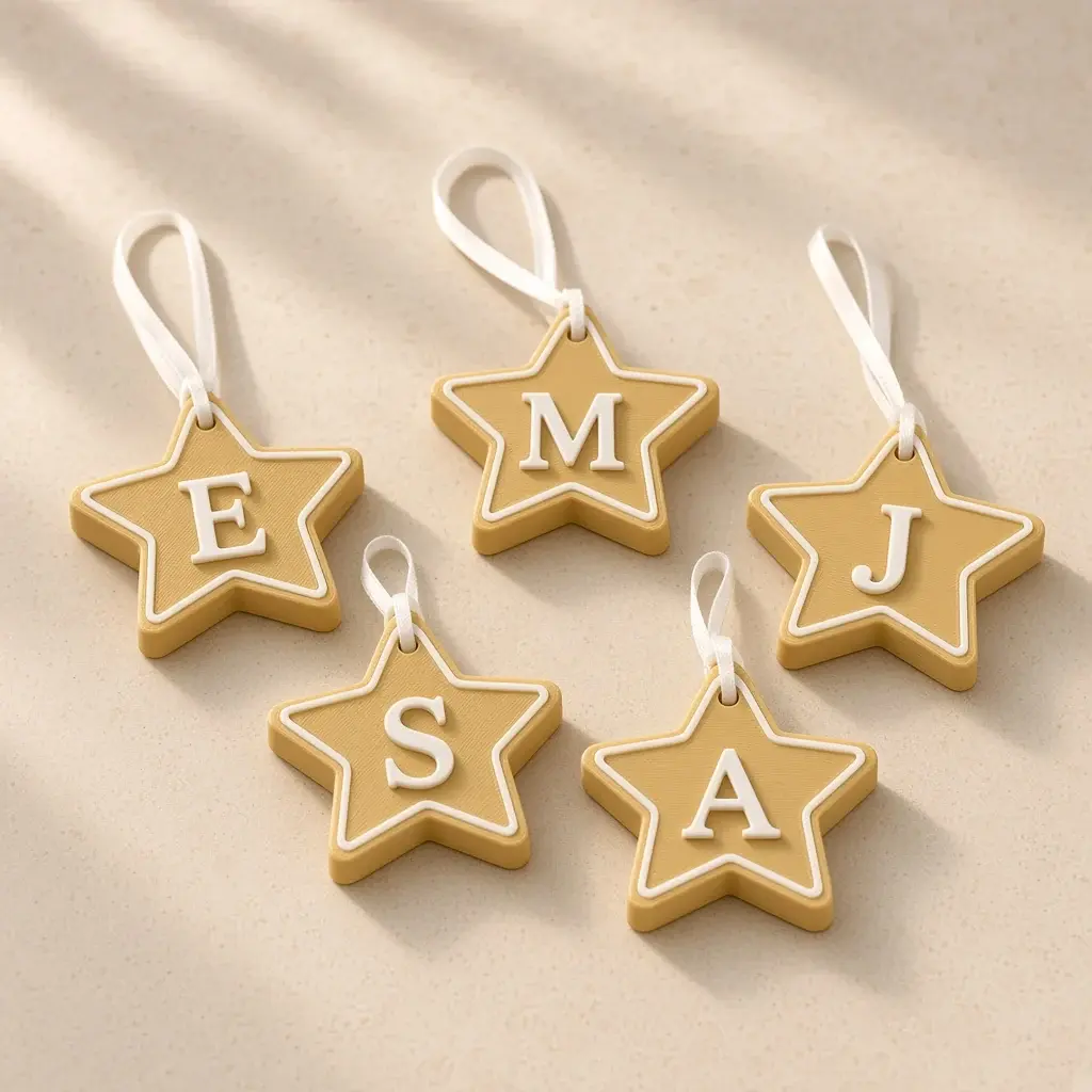 Five gold star keepsakes with white outlines, initials and ribbons.