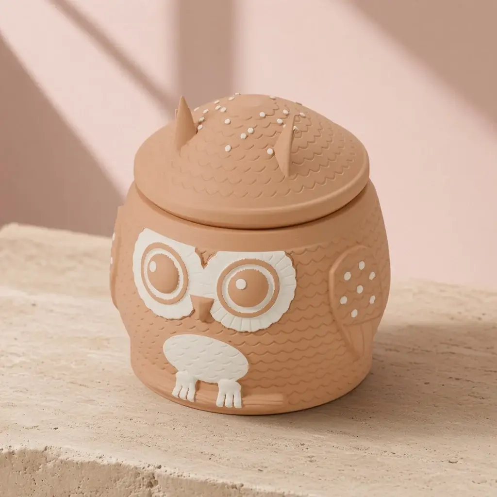Design image of the little owl box: a caramel owl with scalloped feathers, a cream facial disc round big caramel eyes, a cream breast and feet on a branch, under a feathered crown lid with cream speckles and two ear tufts.