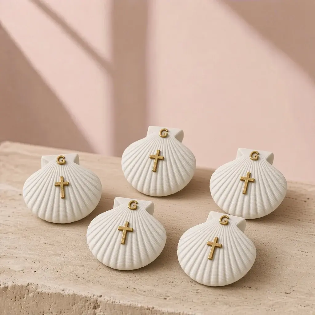 Five small pearl-white scallop shell favors, each with a gold cross and the gold initial G.