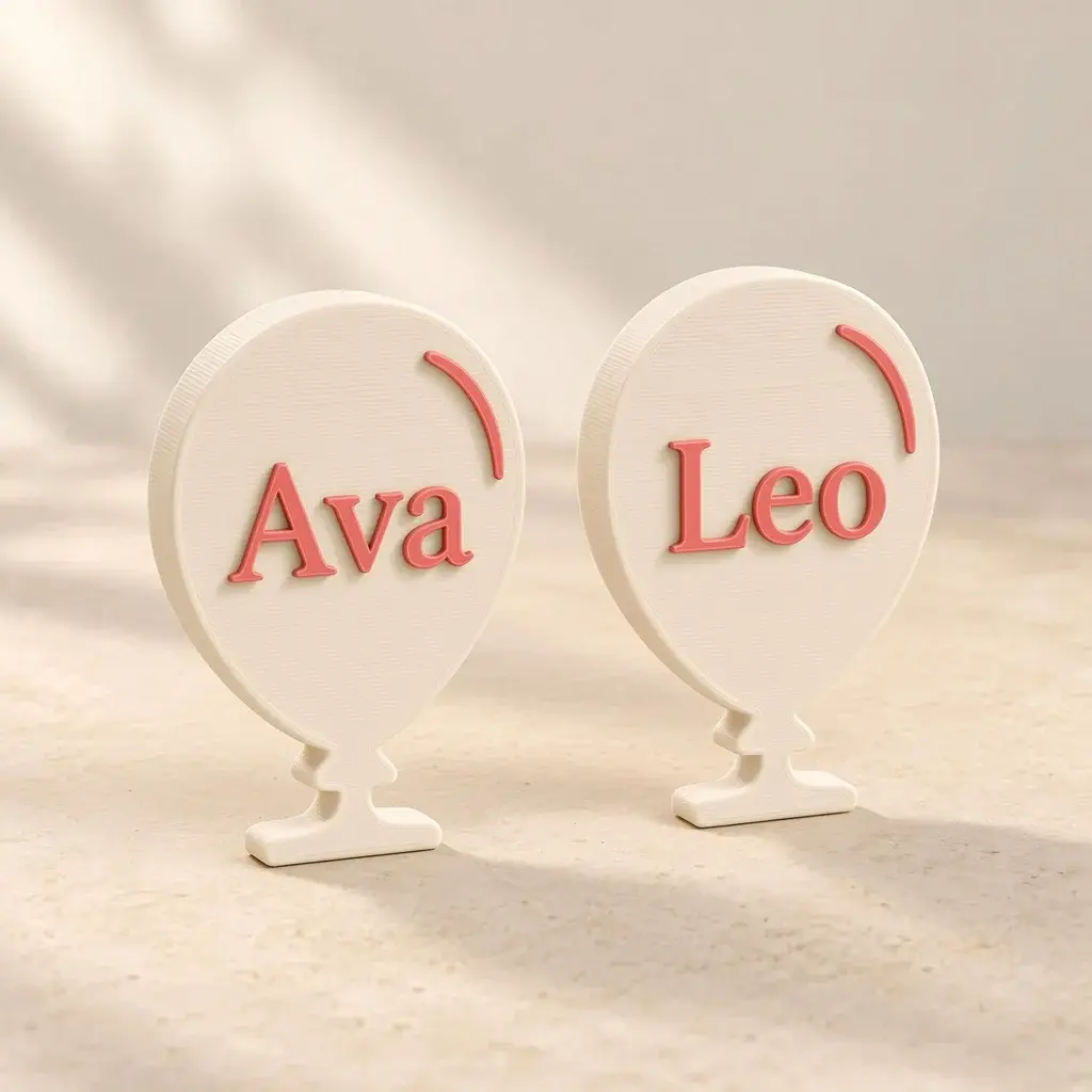 Two cream balloon place names with pink names Ava and Leo.