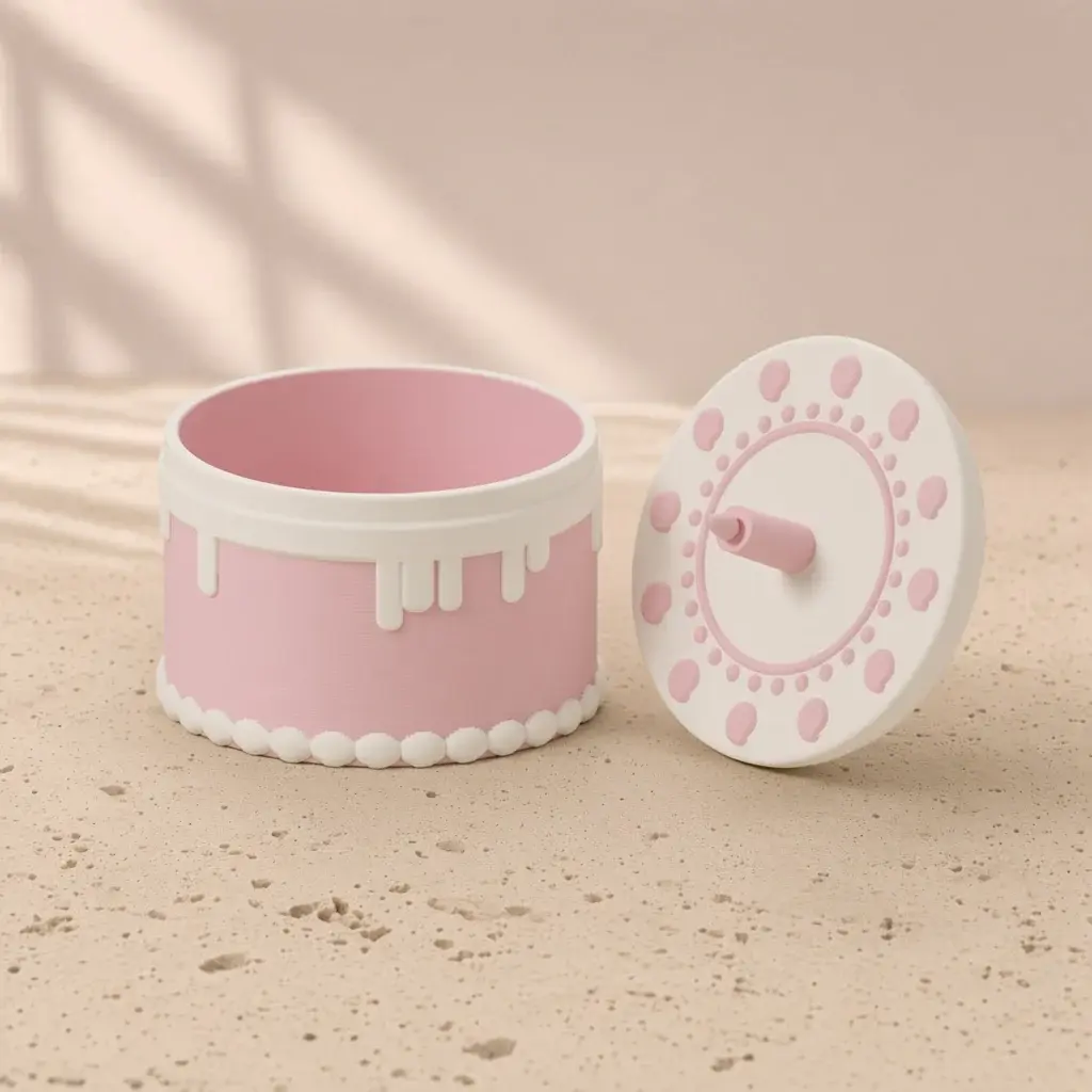 Design image of the layer cake box: a strawberry cake with piped shells and drips beside its cream lid with pink rosettes and a candle.