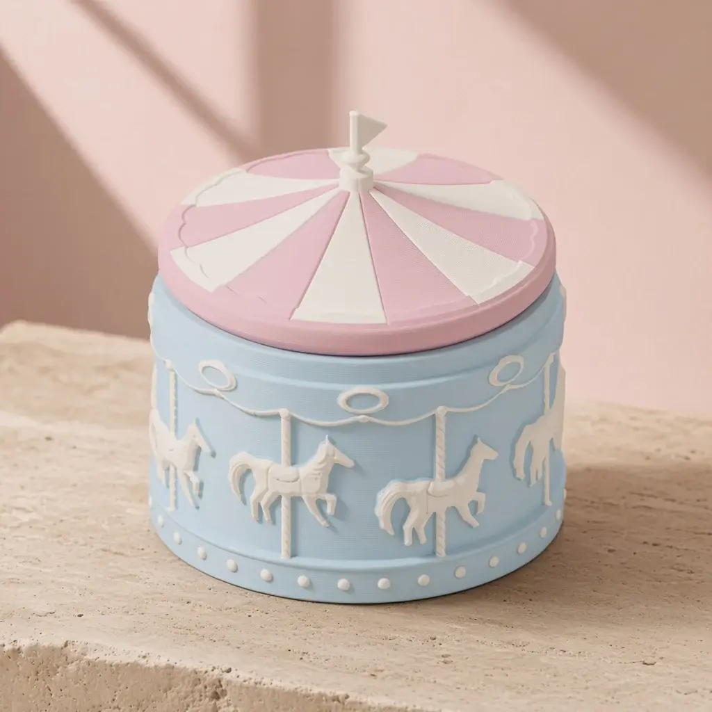 Design image of the carousel box: a powder-blue drum with raised ivory carousel horses on twisted poles, mirrors and bulbs, under a pink and ivory striped canopy lid with a pennant finial.