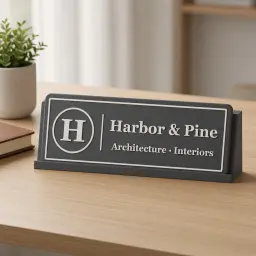The logo desk sign in Charcoal & white