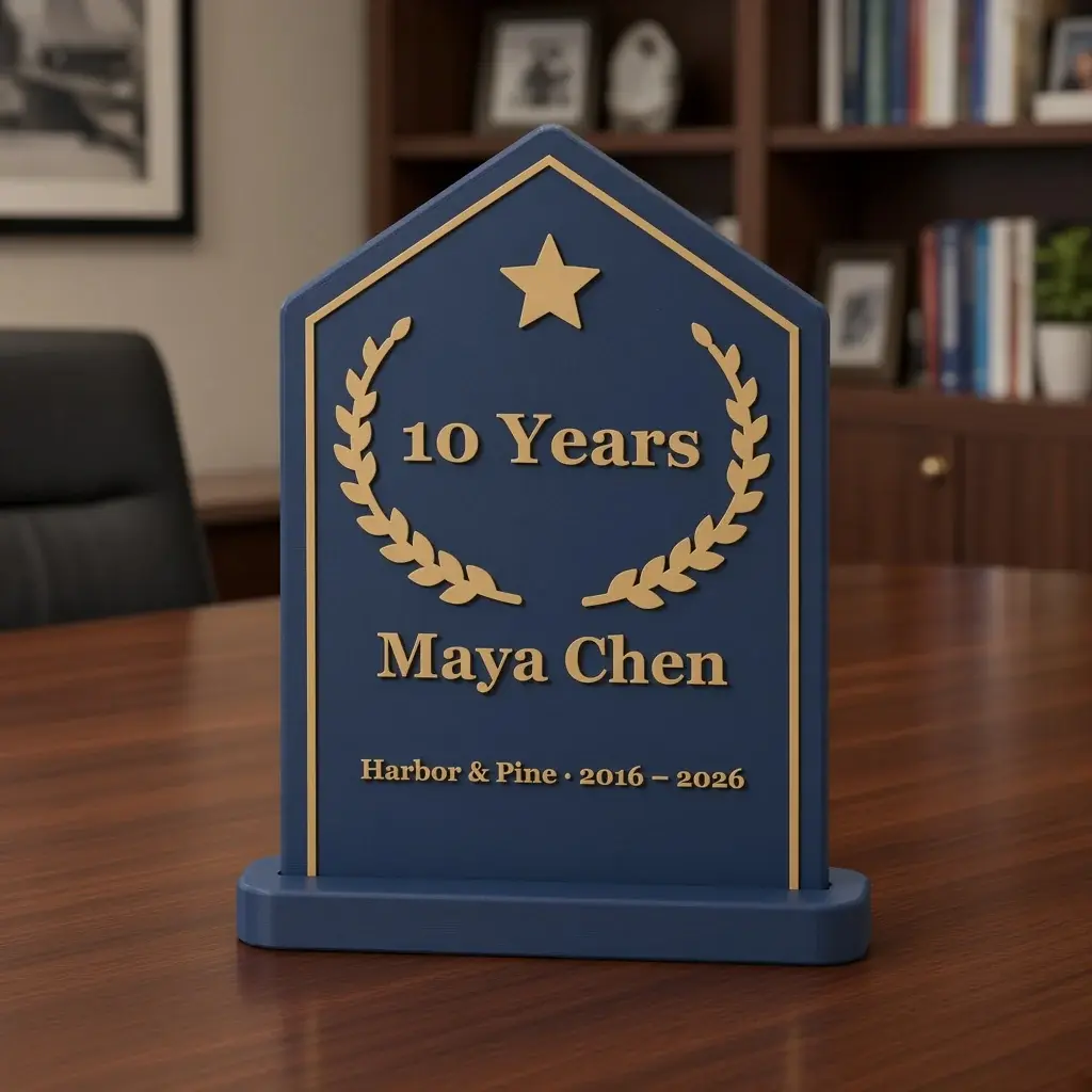 Design image of the milestone award: a navy plaque with a pointed top, gold border, gold star and laurel around the words 10 Years, and Maya Chen in gold, standing in a navy base on a walnut table.