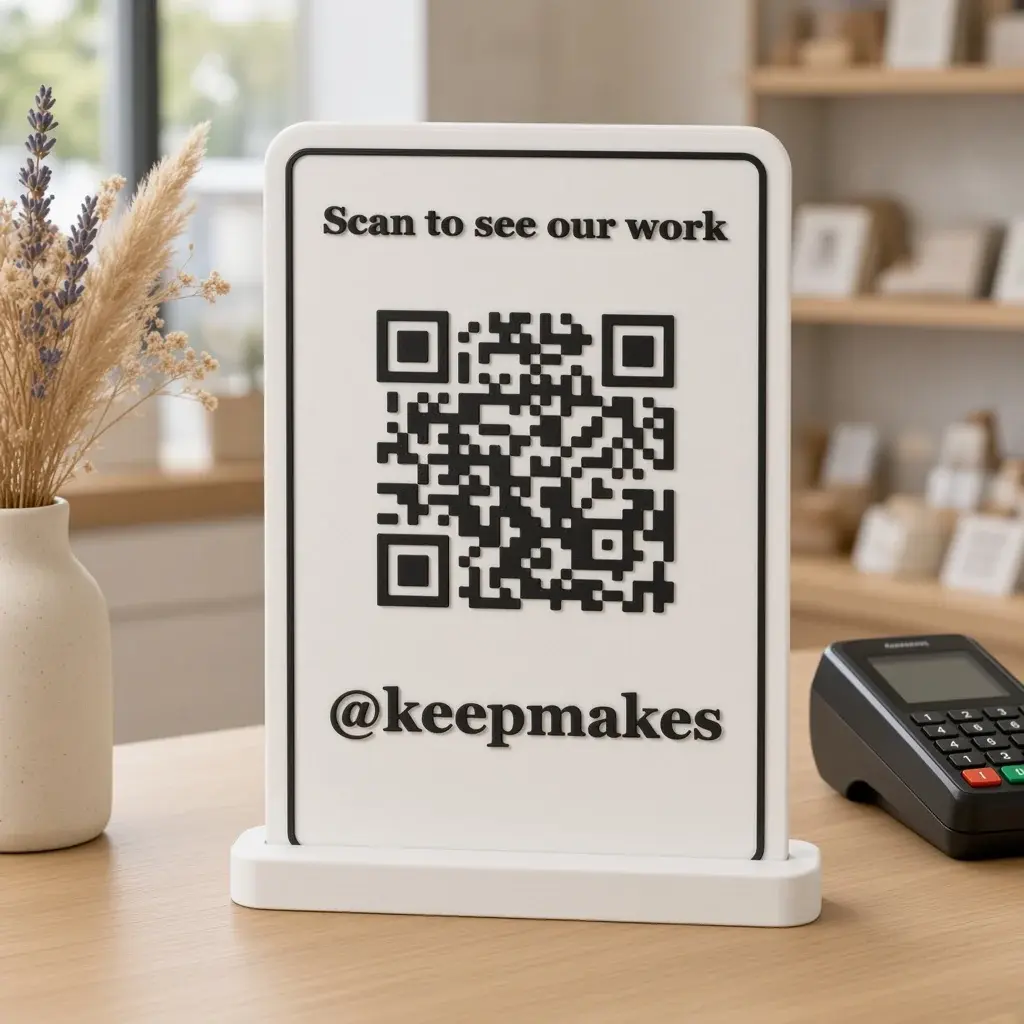 Design image of the scan-me counter sign: a white sign with a black border, Scan to see our work, a large raised black QR code and @keepmakes, in a white base on a boutique counter.