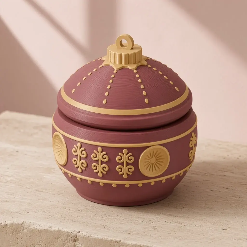Design image of the bauble keepsake box: a burgundy ornament with gold starburst dishes and scrolls beside its domed lid with a gold fluted cap and hanging loop.