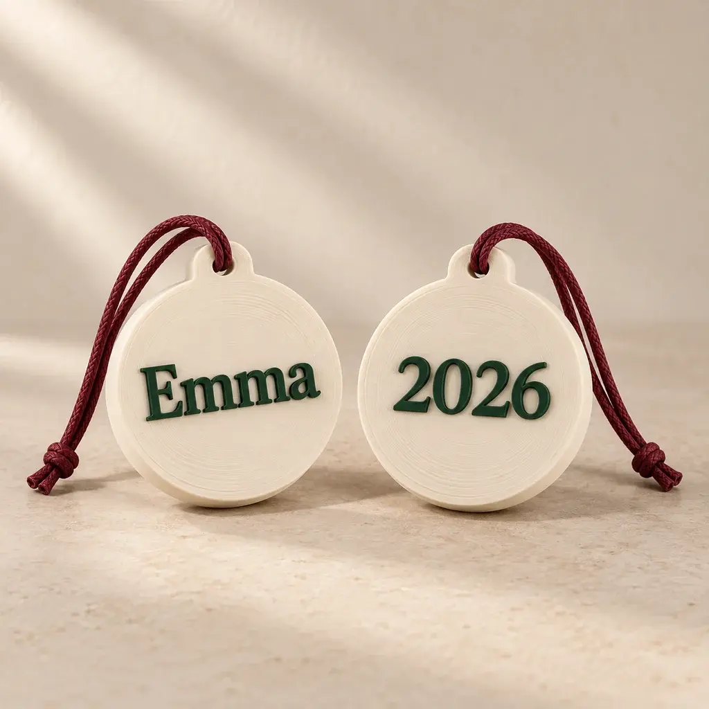 Two ivory family ornaments with raised forest-green lettering reading Emma and 2026, hung on burgundy cords.