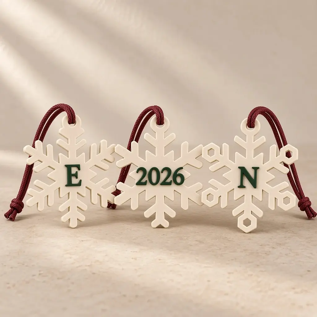 Three ivory snowflake ornaments, a crystal, a stellar plate and a frosted hexagon, with forest-green E, 2026 and N at their centers on burgundy cords.