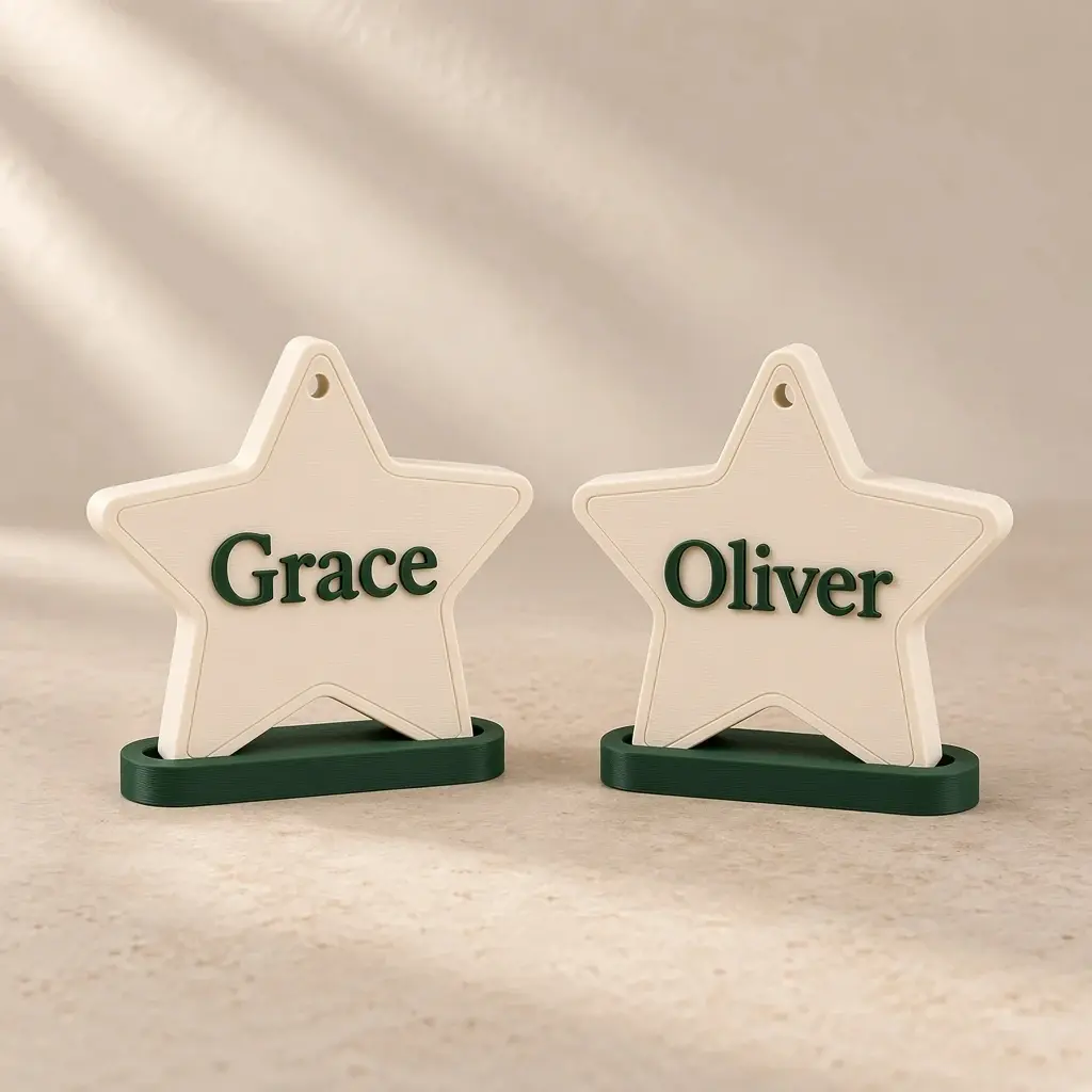 Two ivory star place names reading Grace and Oliver in forest-green lettering, standing in forest-green slotted bases.