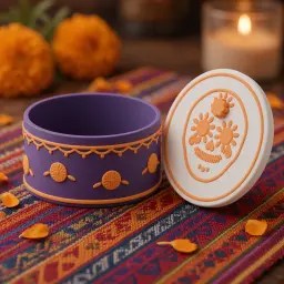 The sugar skull box in Plum, white & marigold