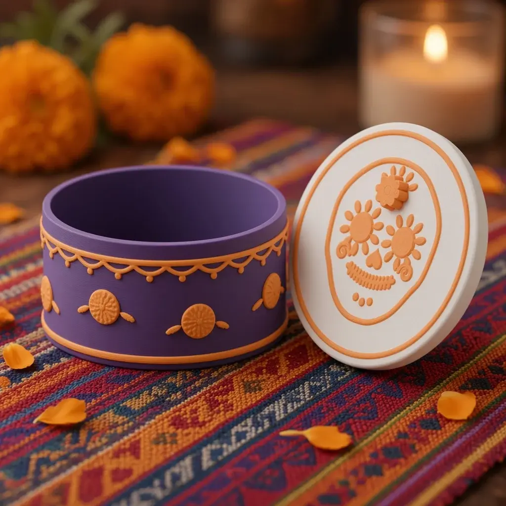 Design image of the sugar skull box: a plum drum with marigold blooms and scallops beside its white calavera lid with marigold eyes, heart nose and forehead flower.
