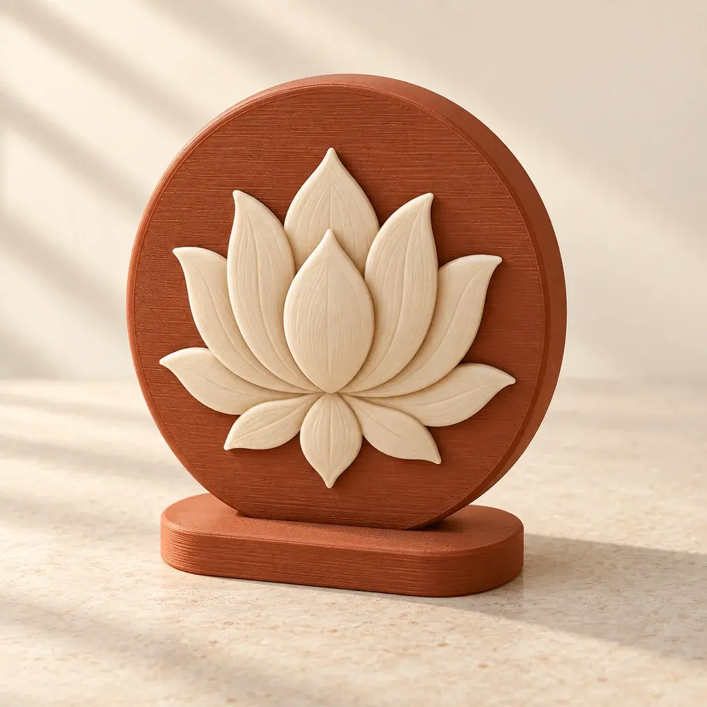 Lotus design: sculpted ivory petals on a terracotta circle with a rounded oval base.