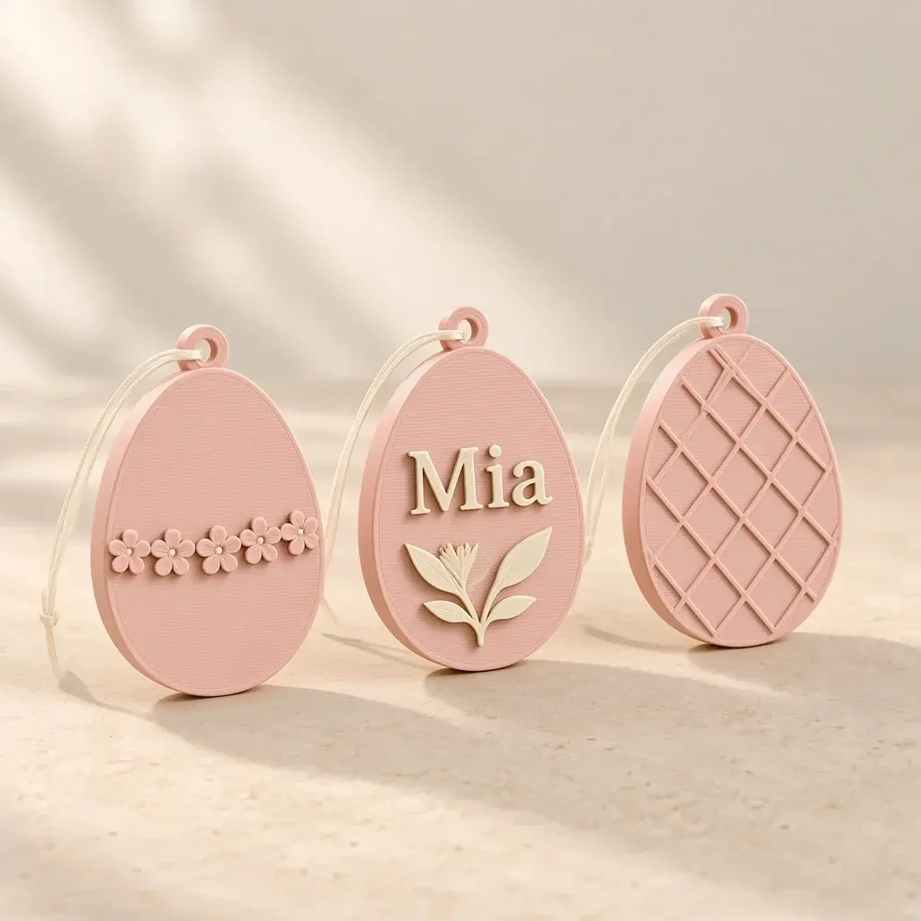 Three blush egg ornaments with ivory blossoms, a lattice and the name Mia.