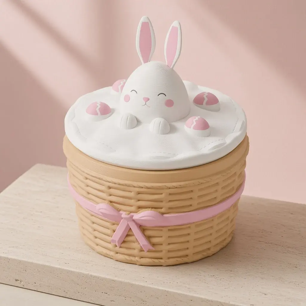 Design image of the bunny basket box: a tan woven basket with a pink ribbon bow, under a white cloth lid with a sleepy white bunny with pink-lined ears and four pink eggs.