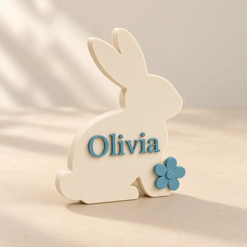 Ivory bunny place name with the name Olivia and a small robin’s-egg-blue flower.