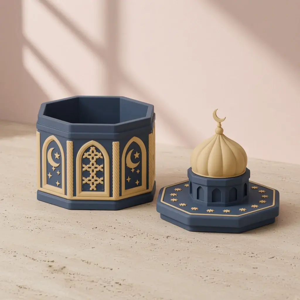 Design image of the crescent lantern box: a midnight-blue eight-sided lantern with gold arched star-lattice and crescent windows beside its gold onion-dome lid with a crescent finial.
