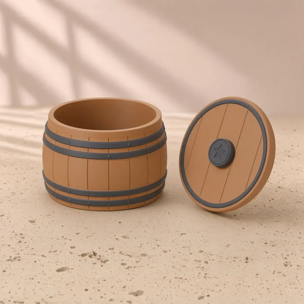 Design image of the oak barrel box: an oak-brown barrel with charcoal riveted hoops beside its barrel-head lid with a star medallion.