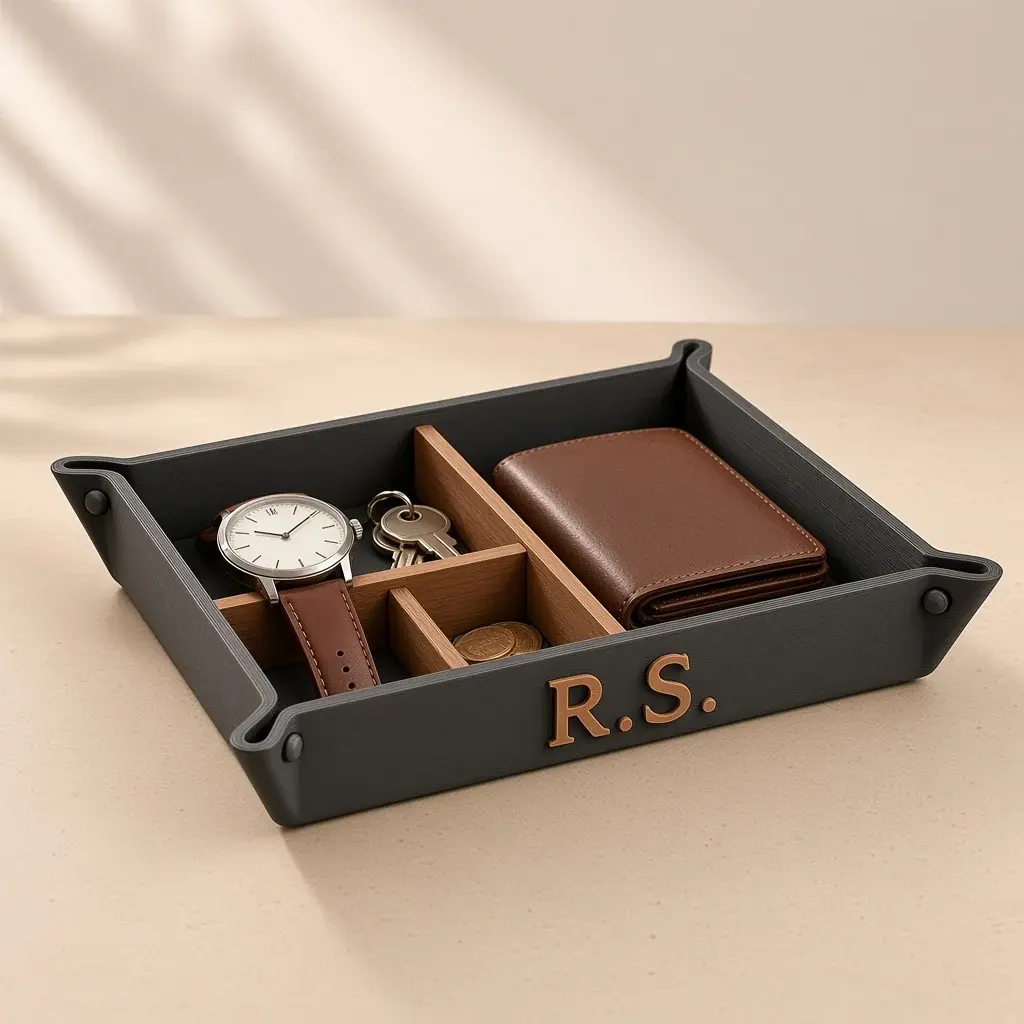 Charcoal valet tray with oak dividers, riveted corners and the initials R.S., holding a watch, keys, coins and a wallet.