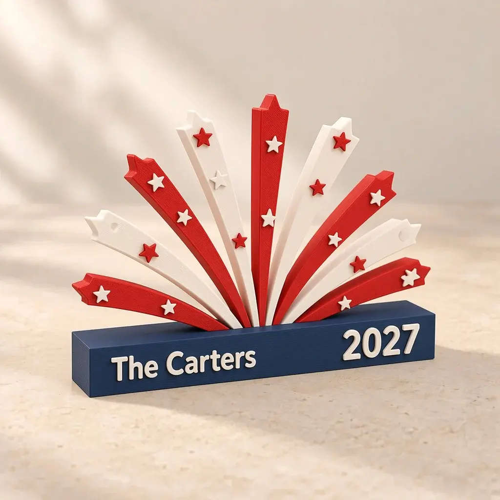 Red, ivory and navy firework burst centerpiece over a base reading The Carters 2027.