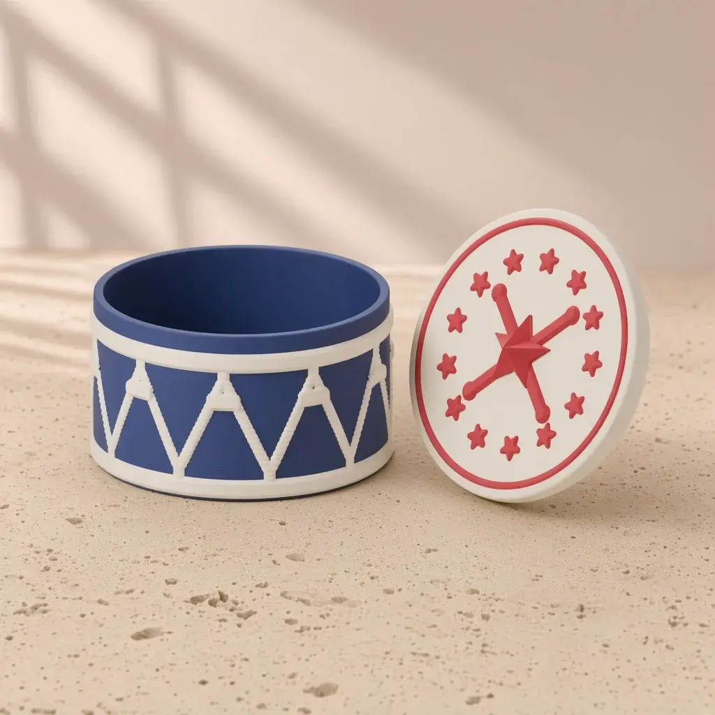Design image of the parade drum box: a navy drum with ivory hoops and rope beside its ivory drumhead lid with red crossed sticks, stars and a star knob.