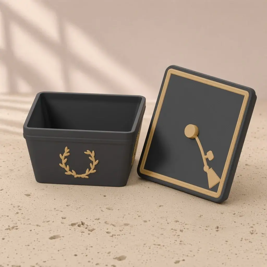 Design image of the mortarboard box: a flared black square cap with gold laurel wreaths beside its board lid with a gold button, tassel and year charm.