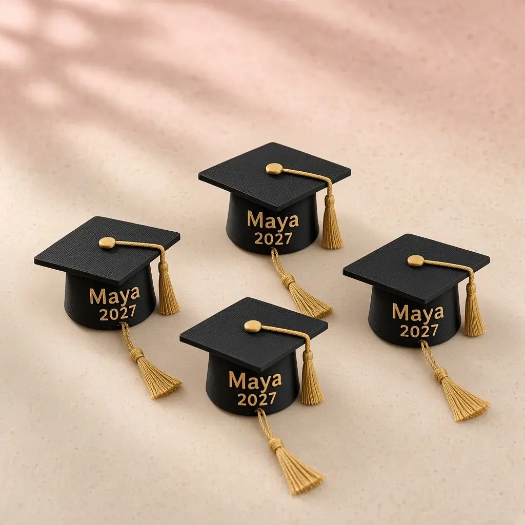 Four black mini mortarboard keepsakes with gold lettering reading Maya 2027 and gold tassels.