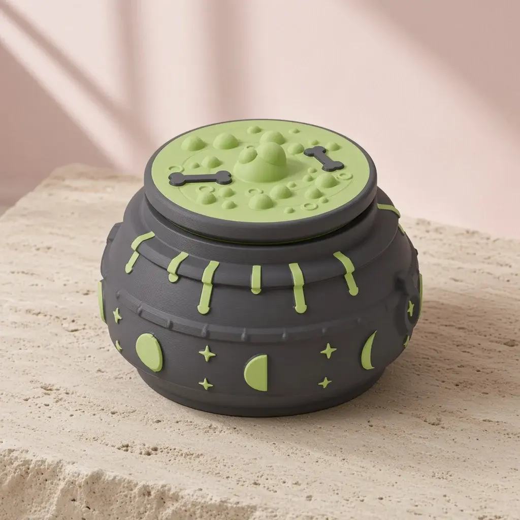 Design image of the Witching Hour cauldron: a charcoal pot with glowing green moon phases and stars, riveted bands, ring handles and green potion drips beside its bubbling green potion lid with floating bones.