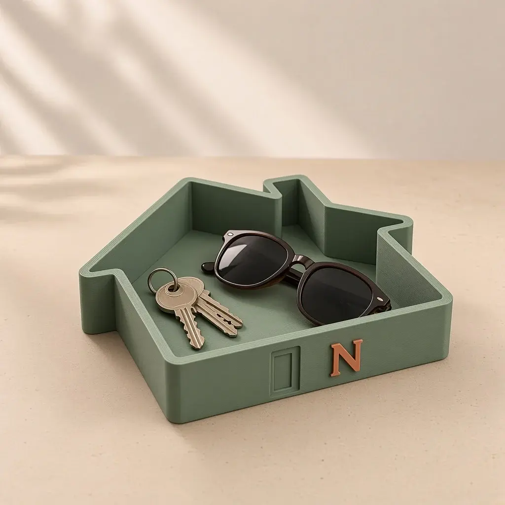 Sage house-shaped key tray with a terracotta initial N, holding keys and sunglasses.