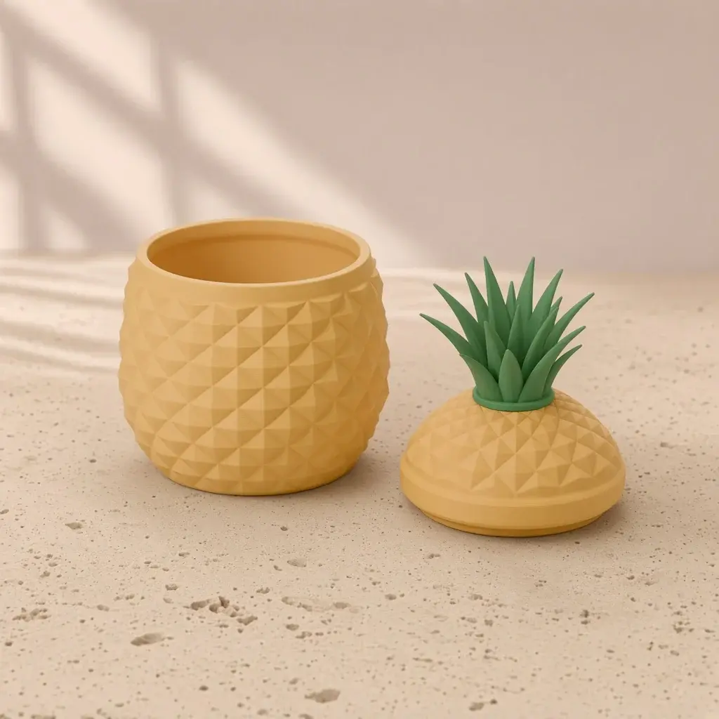 Design image of the welcome pineapple box: a golden faceted pineapple beside its lid with a tall green leafy crown.