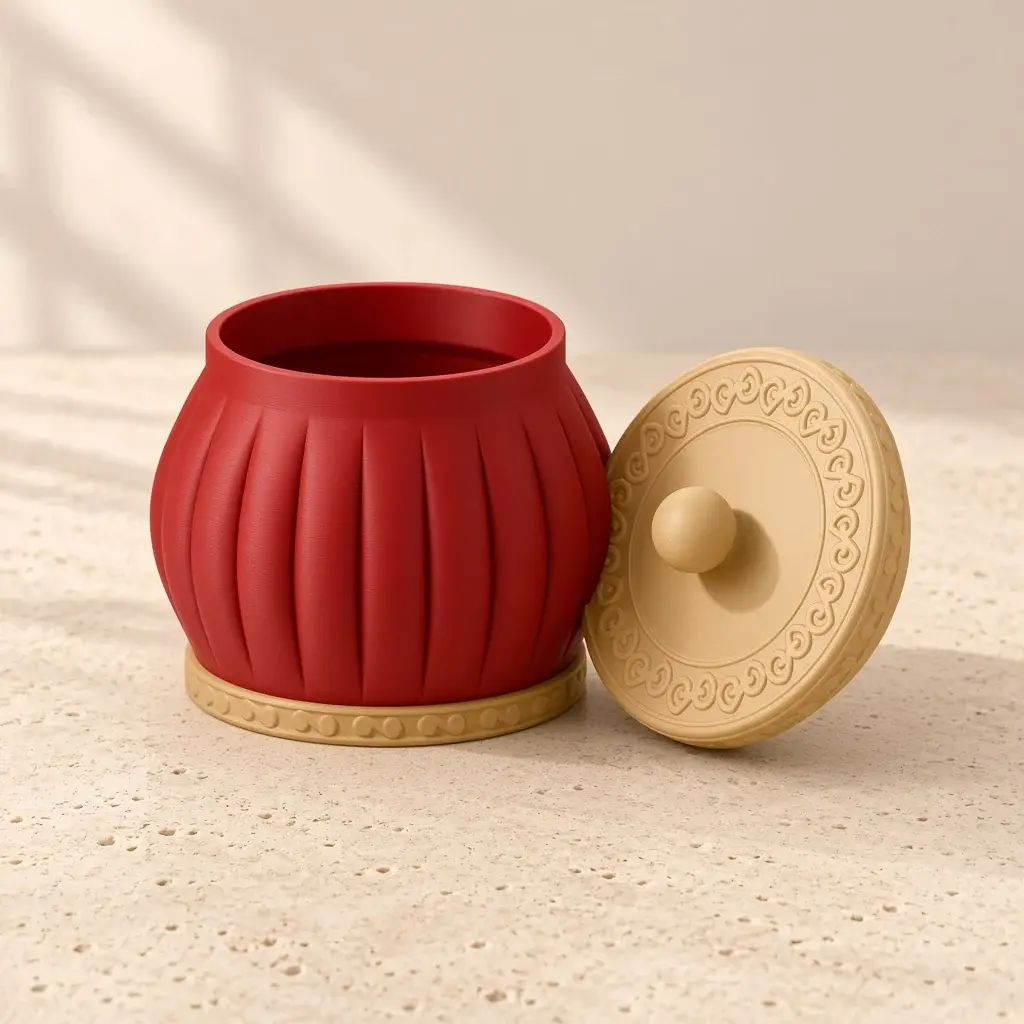 Design image of the silk lantern box: a lobed red body on a gold cloud-scroll band, with its gold cap lid leaning beside it.
