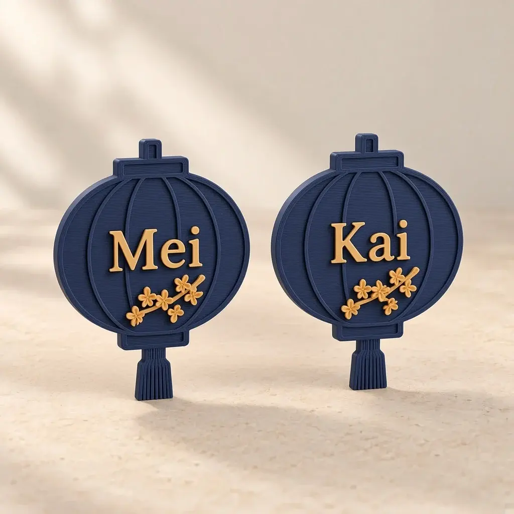 Two midnight lantern place names with gold osmanthus and the names Mei and Kai.