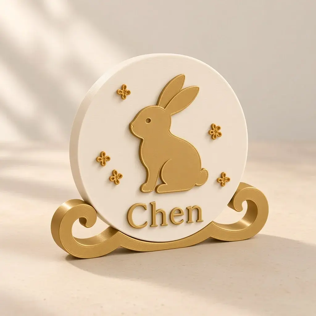 Ivory moon disc with a gold rabbit, blossoms and the name Chen on a gold cloud stand.