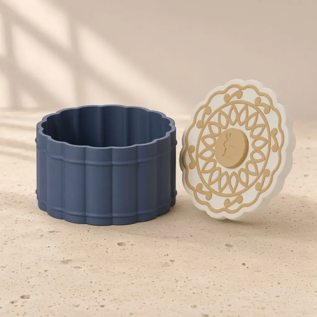 Design image of the mooncake box: a midnight scalloped box beside its ivory lid with gold clouds, petals and a raised moon carved with a rabbit.