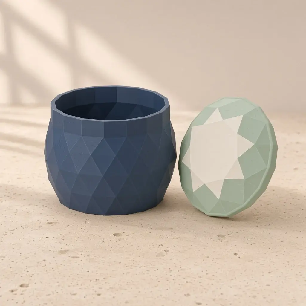 Design image of the cut gem box: a faceted navy box beside its sage brilliant-cut lid with an ivory eight-point star across the top.