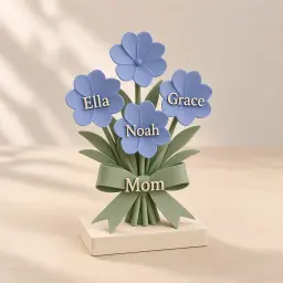 The bouquet-of-names plaque in Periwinkle, sage & cream