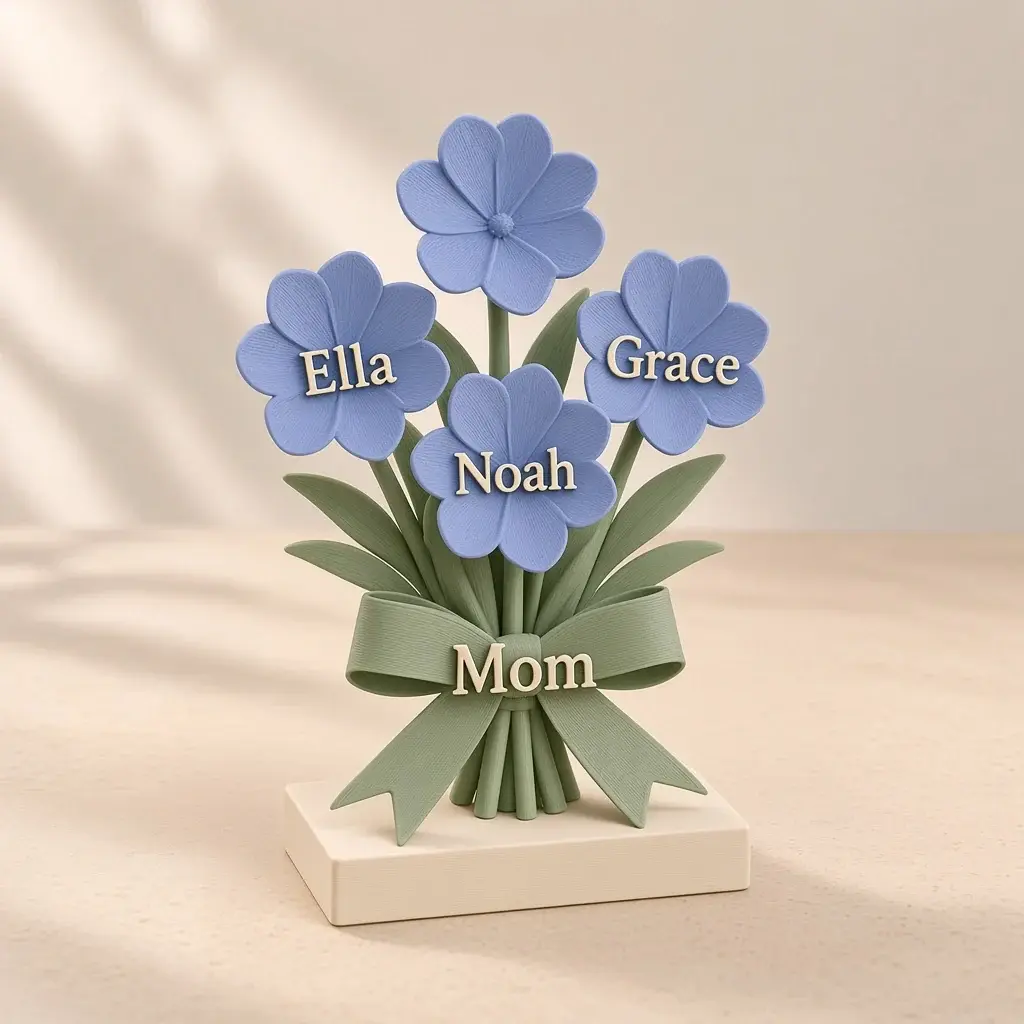 Standing bouquet plaque with periwinkle flowers named Ella, Noah and Grace and a sage ribbon reading Mom.