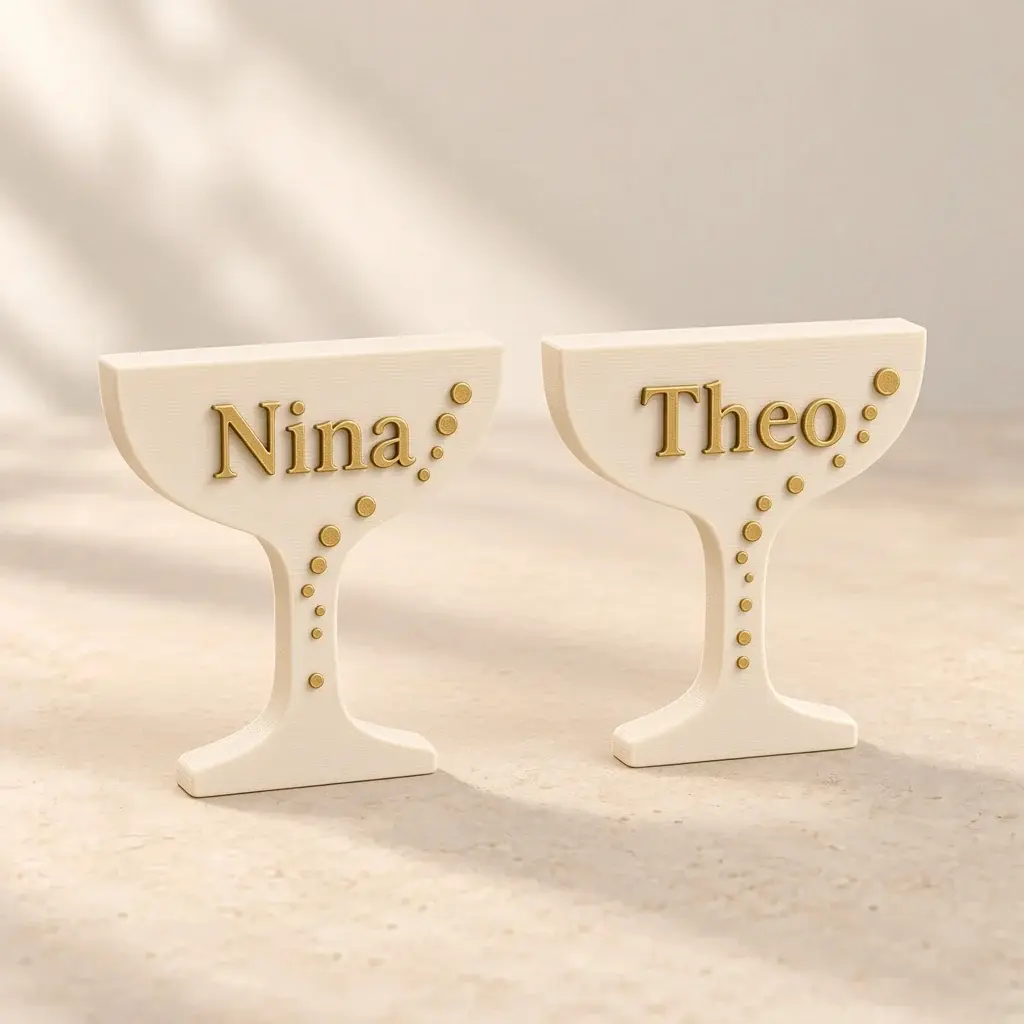 Two ivory champagne-coupe place names with gold bubbles and the names Nina and Theo.