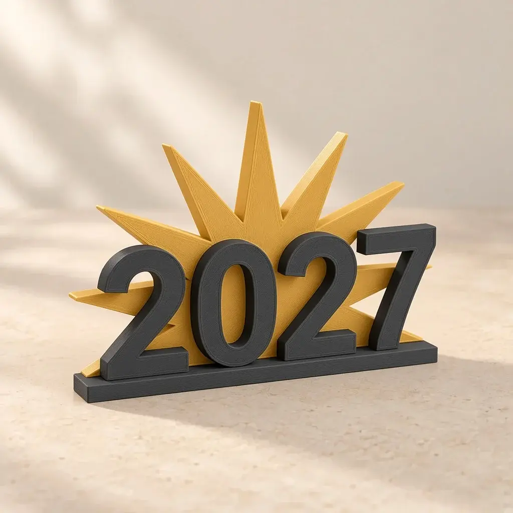 Charcoal 2027 numerals in front of a gold starburst on a charcoal base.