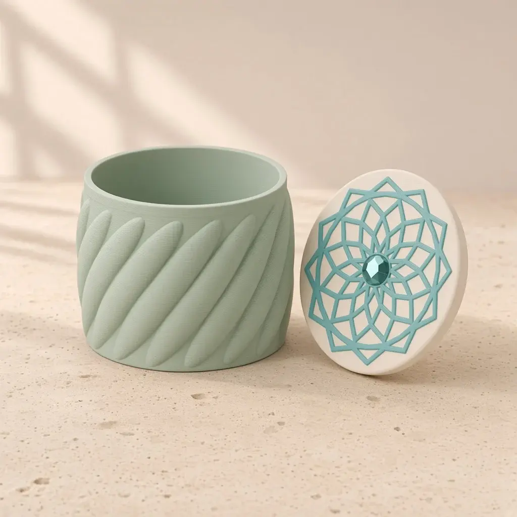 Design image of the shamseh box: a sage box with spiralling leaf flutes beside its ivory lid carved with a turquoise girih rosette and gem knob.
