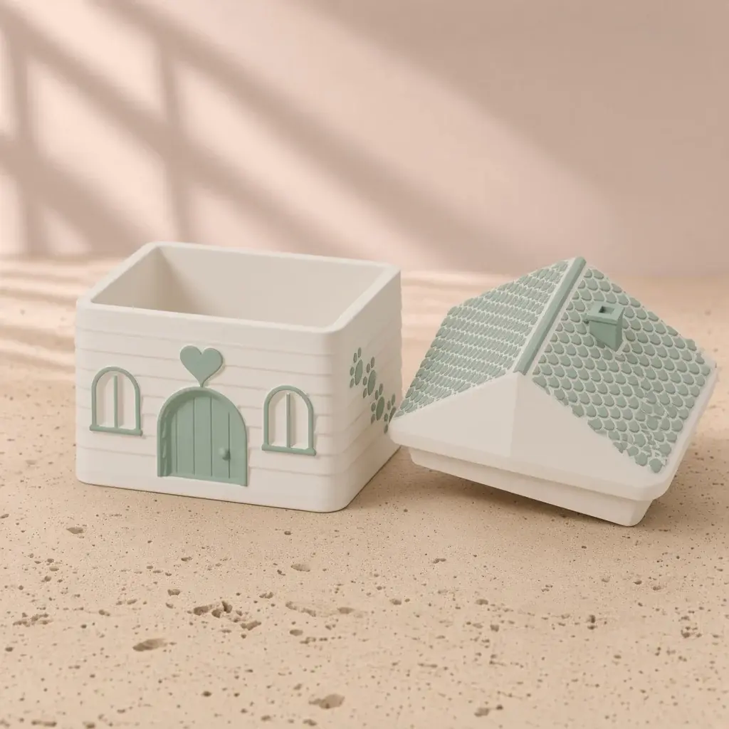 Design image of the forever home box: a cream clapboard house with a sage arched door, framed windows and paw prints beside its sage shingled roof with a chimney.