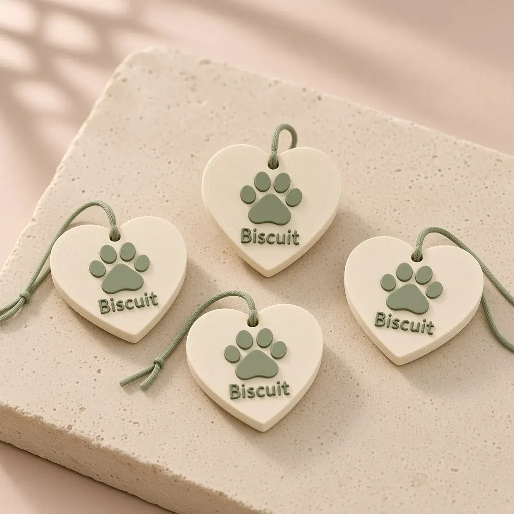 Cream heart keepsakes with sage paw prints, the name Biscuit and sage cords.