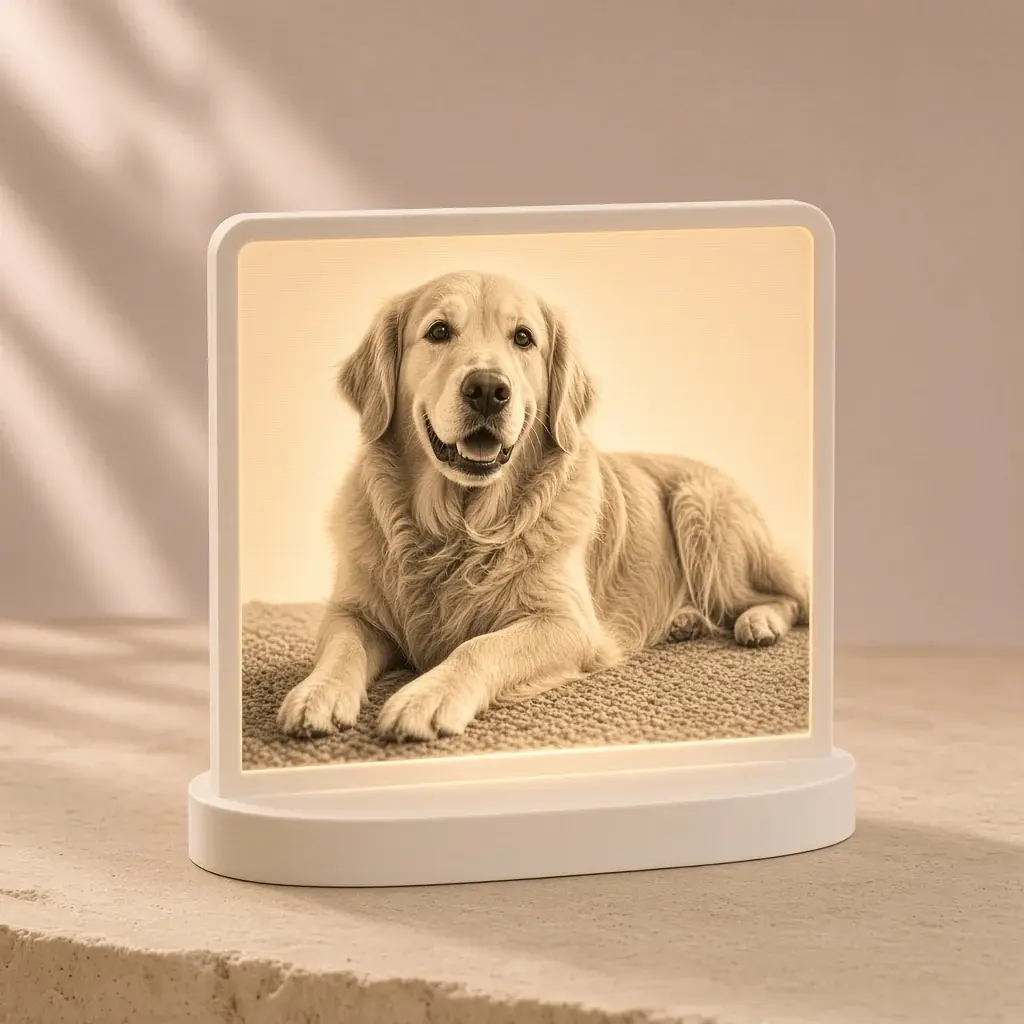 White landscape photo lithophane light glowing with a monochrome photo of a golden retriever.