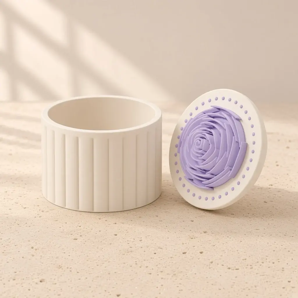 Design image of the rose favor box: an ivory fluted box beside its lid, crowned by a lilac rose of thin spiraling petals and a ring of dots.