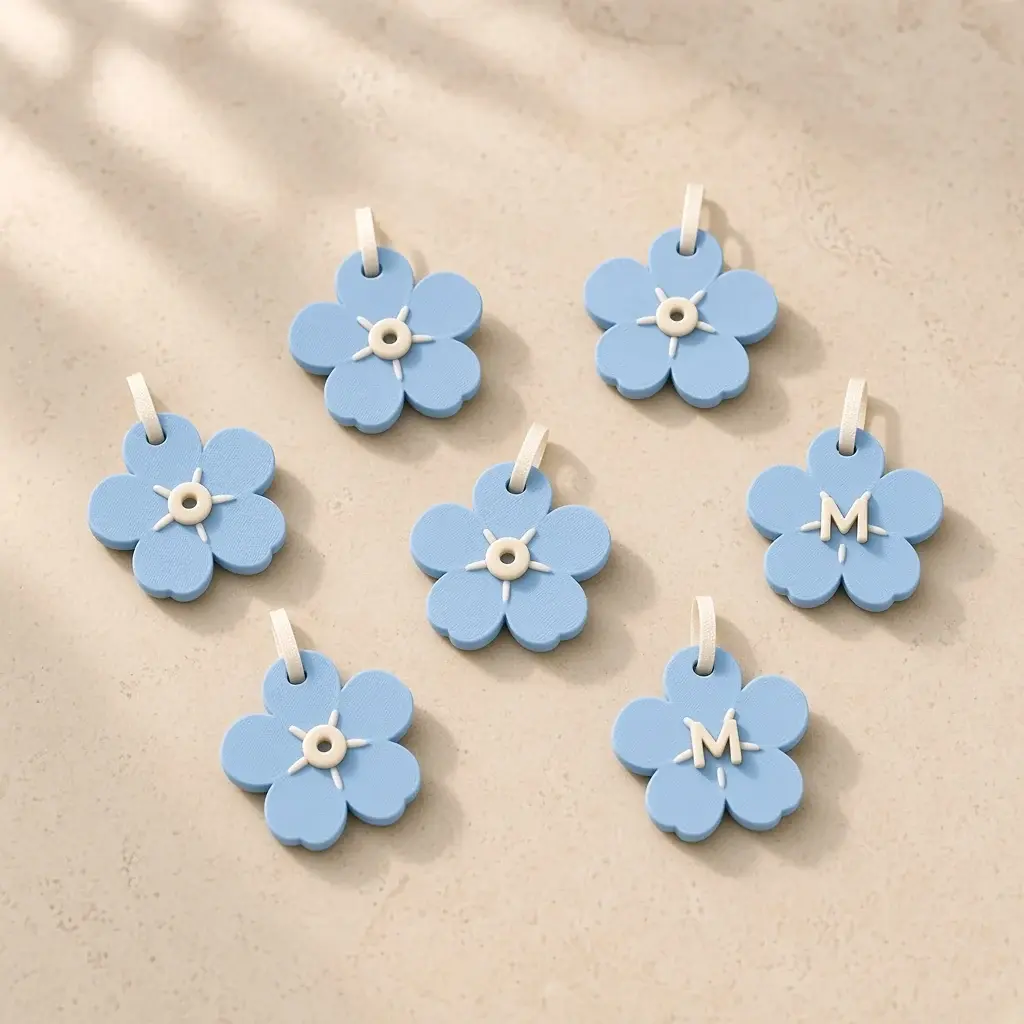 Soft-blue forget-me-not flower keepsakes with ivory centers, ribbon loops and the initial M.